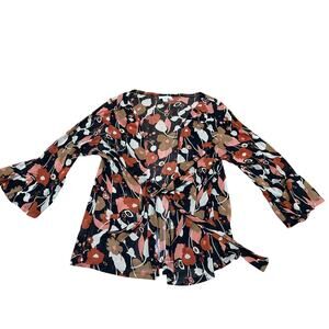 VTG Dressbarn Women's 14/16 Sheer Retro Brown Orange Floral Bell Sleeve Cardigan